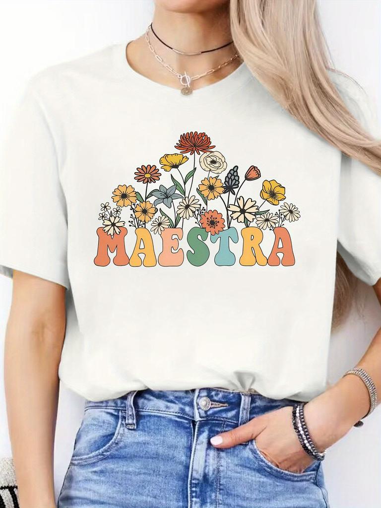 Spanish Alphabet Print Spring and Summer Casual T-Shirt Round Neck Short-Sleeved Sports T-Shirt Women'S Top