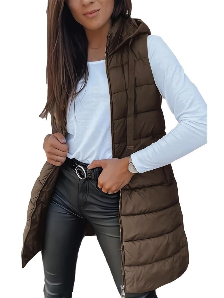 Women's Mid-Length Plus Size Solid Color Hooded Zipper Vest Jacket - Europe 2025 Collection