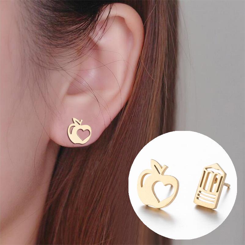 Asymmetrical Cartoon Apple Pencil Earrings: Stainless Steel Fruit Studs for Women