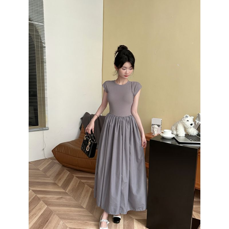 

K-style Plus Size Gray round-Collar Sleeveless High Elastic T-shirt Patchwork Large Swing Skirt Fake Two-Piece Mid Length Long Length Dress Dress Gray 4XL
