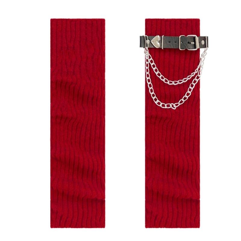 Ribbed Knitted Boot Toppers Covers with Heart Chain Leather Belt Harajuku Gothic Punk Leg Warmers Scrunch Long Socks