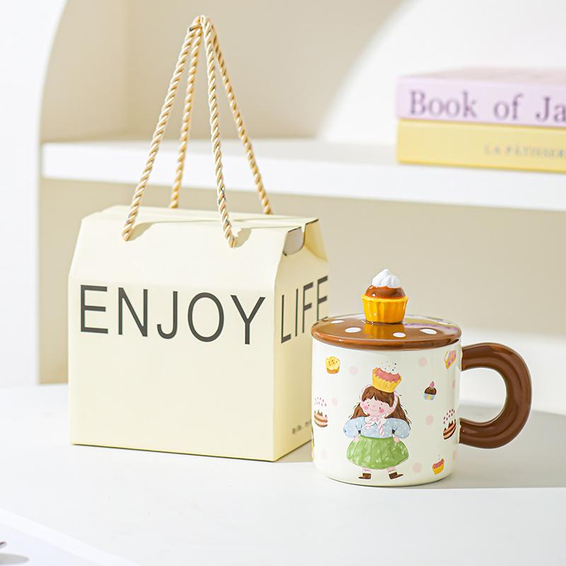 Dessert Bread Boy Girl Ceramic Mug Couple Cup Water Cup with Lid Cute Cup Underglaze Color for Girls