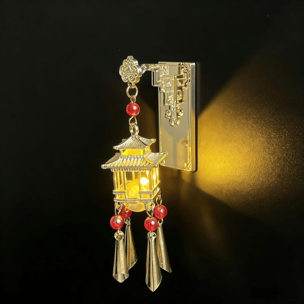Ancient Style Luminous Lantern Refrigerator Magnet with Pavilion Tassel and Pearl Ornament