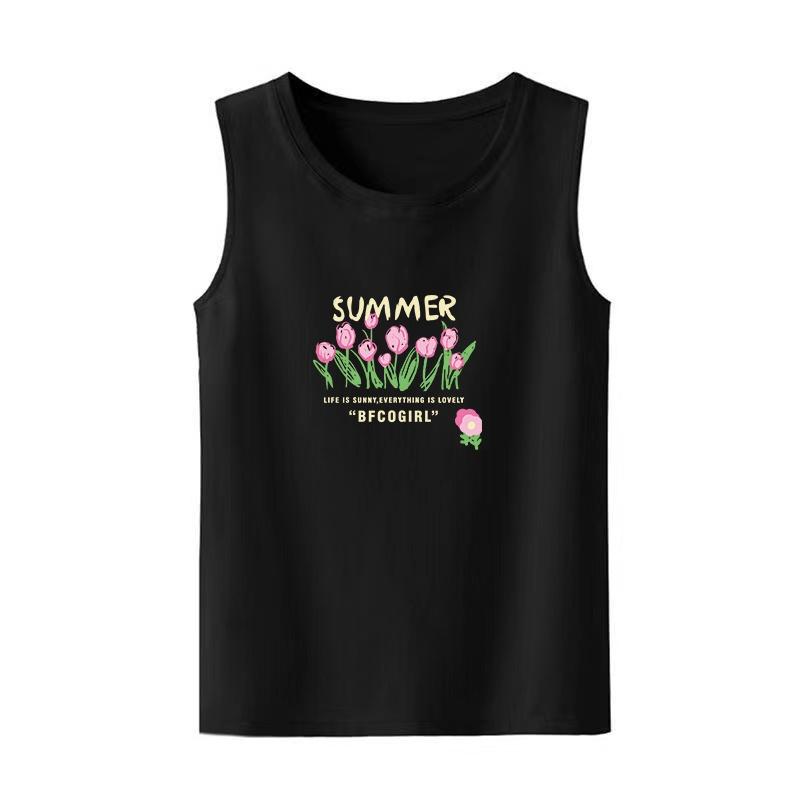 Летняя тюльпан женская летняя новая футболка без рукавов свободная с принтом повседневная студенческая футболка S