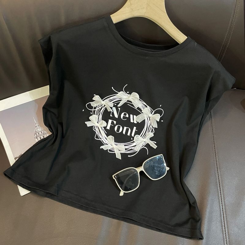 

Age-Reducing Flying Sleeve T-shirt Cake Slimming Slim Fit Summer Clothing Black Tops M(100-110)
