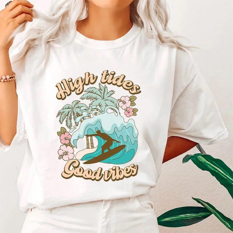 Fashion Women's T-shirt Summer Beach Print Cute Short Sleeve Ladies Fashion Casual Summer Women's T-shirt Graphic