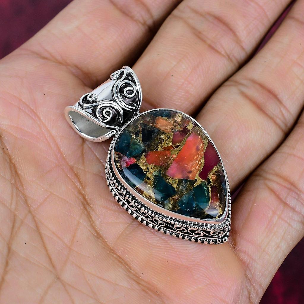 Multi Copper Turquoise Handmade Gemstone Pendant, 925 Solid Sterling Silver Pendant Beautiful Jewelry, Designer Pendant