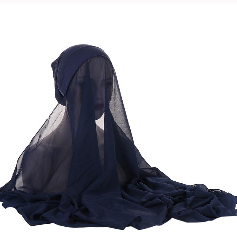 1Pc Muslim Shawl Scarf Chiffon Hijab Breathable Turban Head Wrap Women Solid Color Polyester With Inner Cap