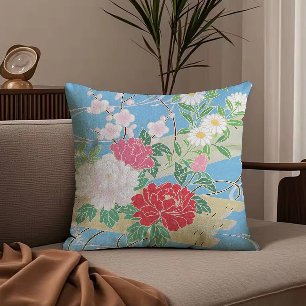 ART K-Kimono Fabric Pillow Case Anti-dustmite Pillowcase Invisible zipper silky short plush Sofa cushion cover