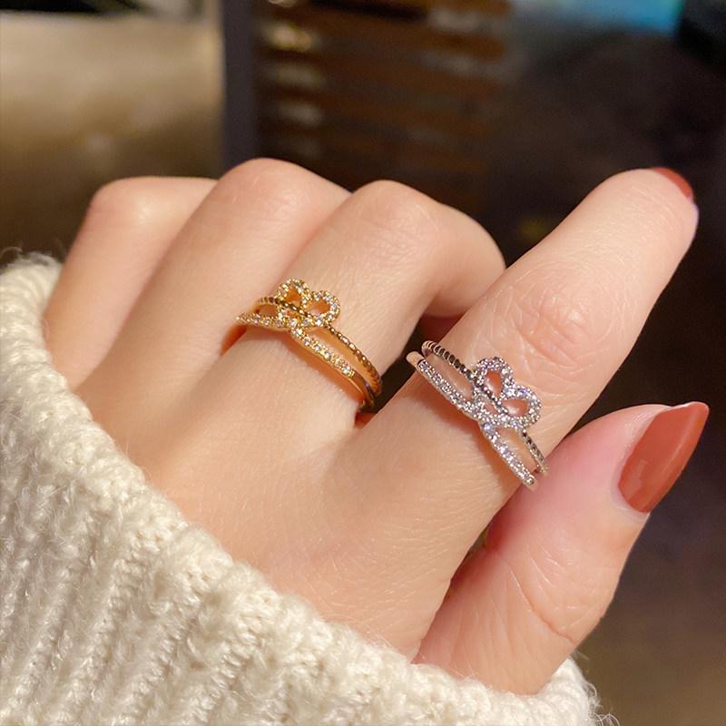 Japanese Elegant Hollow Heart Rhinestone Double Layer Adjustable Ring