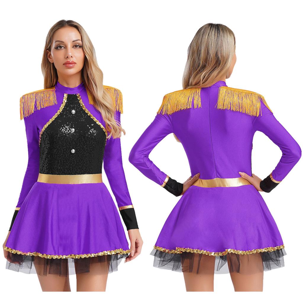 S-XXL Damski Kostium Cyrkowca Body Sukienka Długie Rękawy Frędzle Naszywki na Ramionach Błyszczące Płatki Kostium Cyrkowy Kostium na Halloween