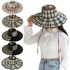 Women Casual Grid Straw Hat Summer Outdoor Beach Travel Pleated UV Protection Sun Hat Reversible Foldable Wide Brim Shade Caps
