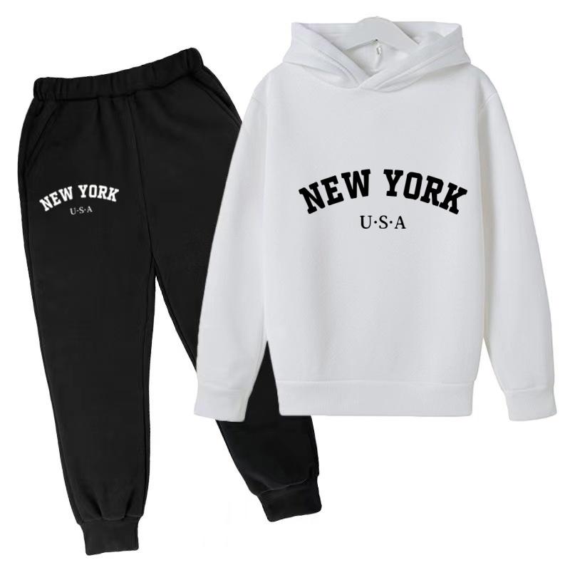 Kids Fashion Hoodie Boy Girl Toddler Pullover 3-12Years NEW YORK USA Letter Print Clothes Casual Top+Trousers 2P Coat Sports Set