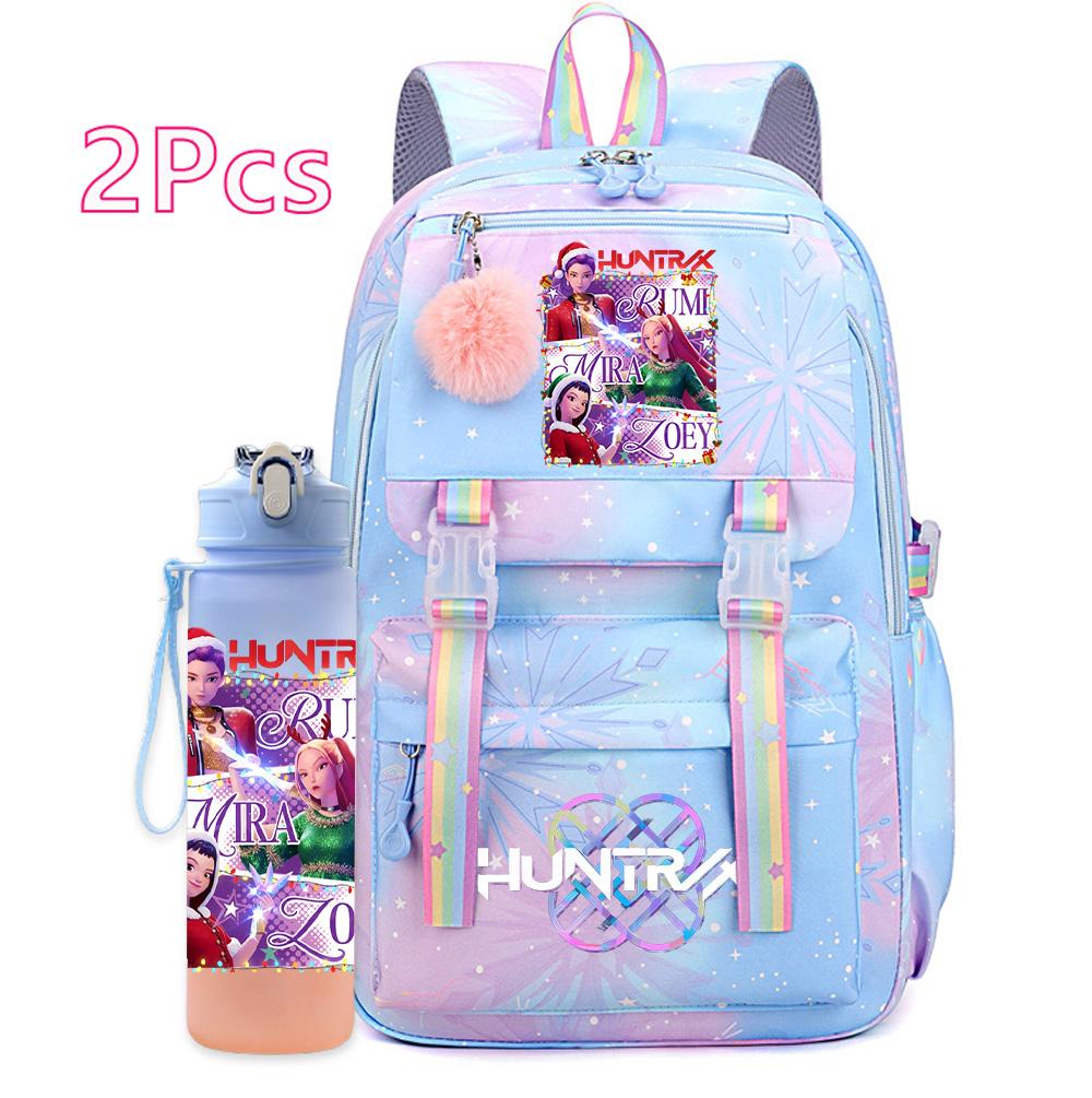 2Pcs/set Christmas K-pop Printed Backpack with 750Ml Water Bottler Large Capacity Travel Bag for Teenager Girl Boy Bookbag Kid Gift Large Capacity Bag