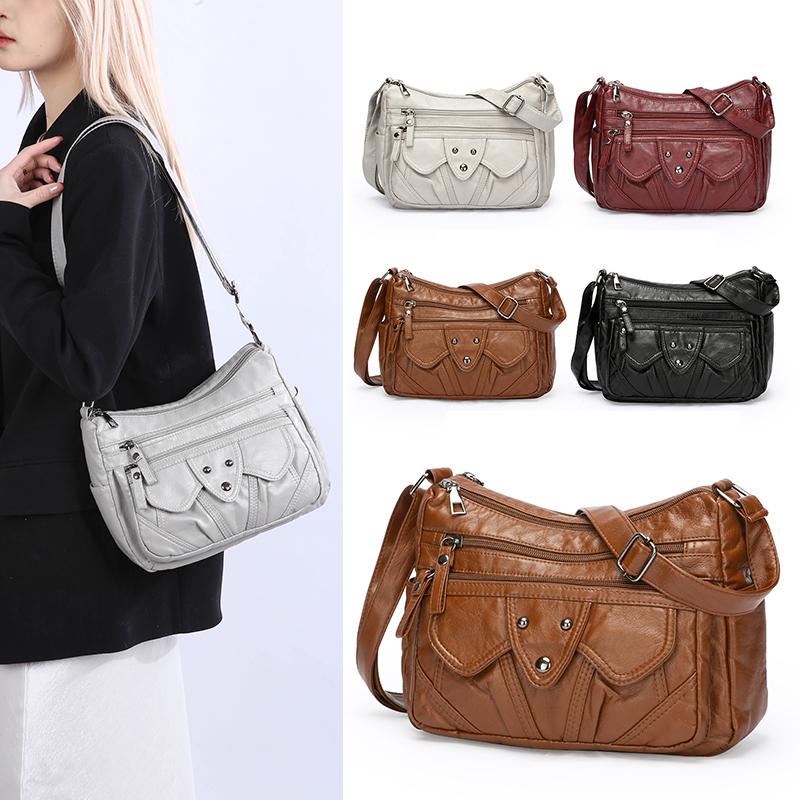 Women's Bag Retro Large Capacity Shoulder Bag Multi-Layer Crossbody Bag Soft Leather Mother Bag