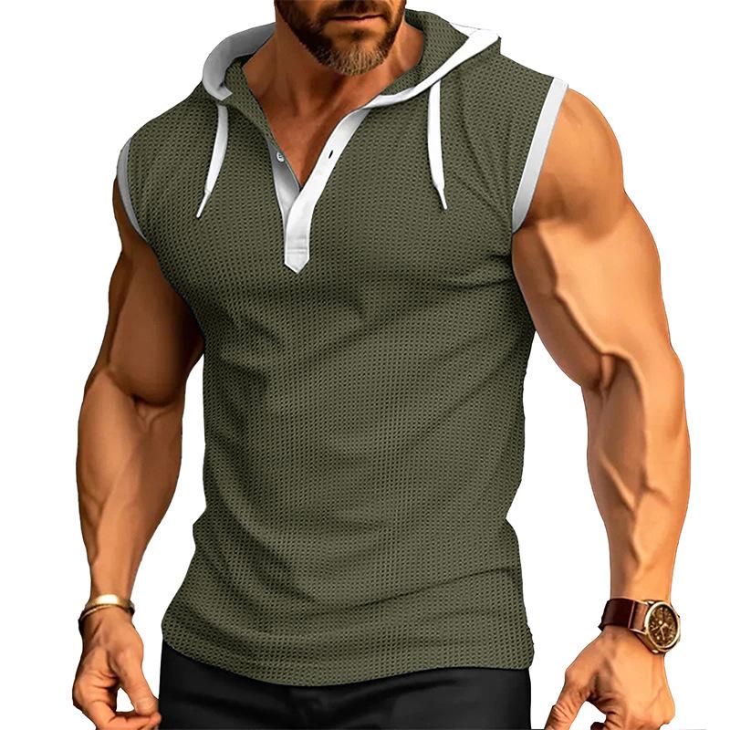 Henley Canotte da Uomo Tinta Unita Senza Maniche da Allenamento con Cappuccio Camicia Estiva con Scollo a V Abbottonata T-shirt da Ginnastica con Cappuccio Attive per Uomo T-shirt Senza Maniche in Maglia Waffle