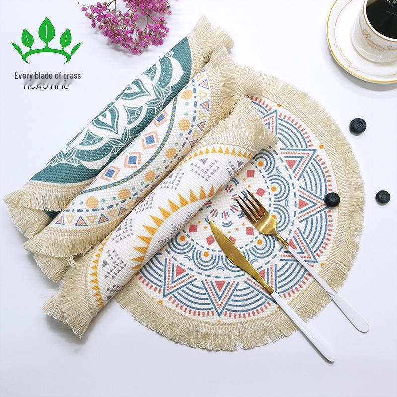 Bohemian Woven Cotton Tassel Placemat & Heat-Resistant Pad