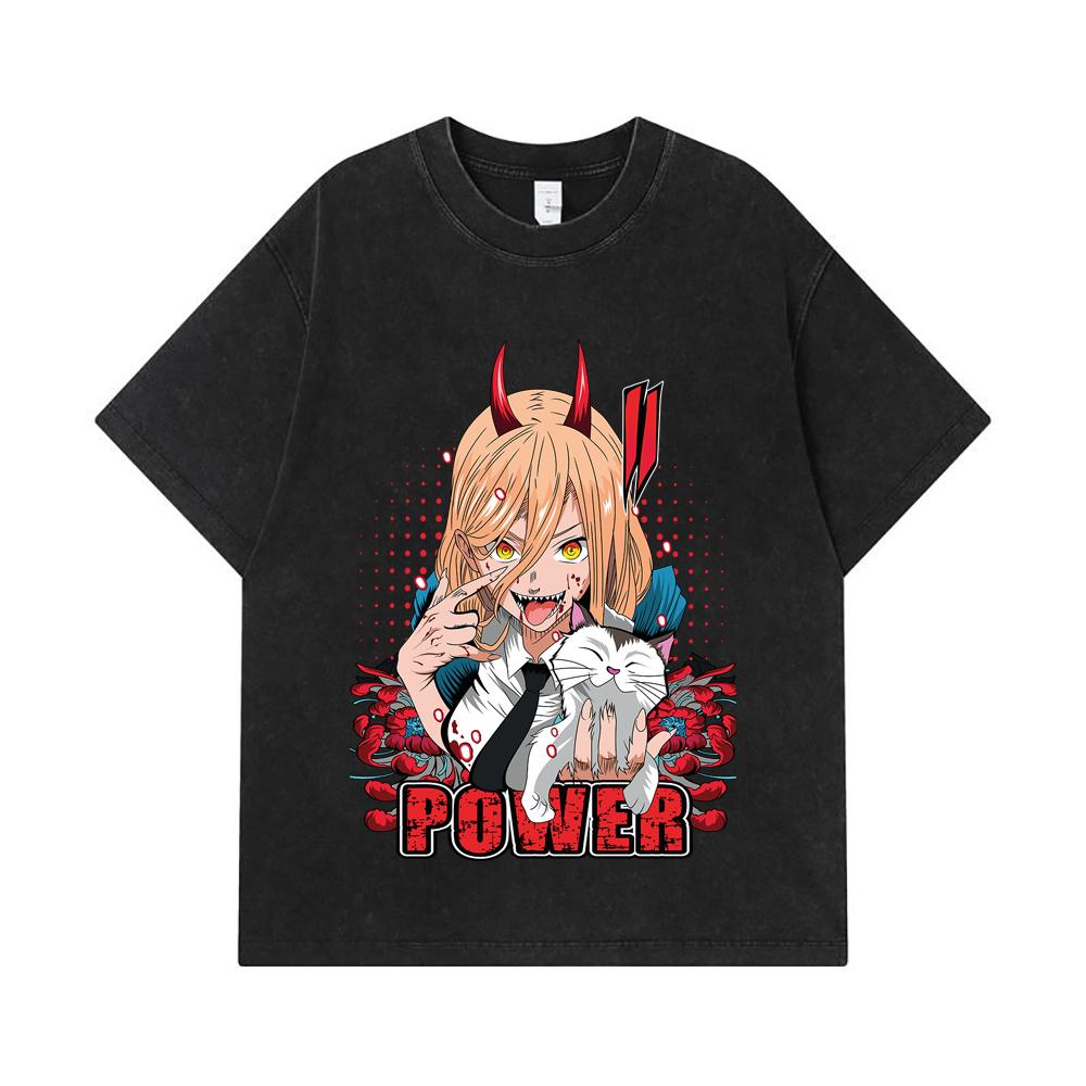 275 GSM Washed T-shirts 100% Cotton Chainsaw Man V51 Power Print Unisex Heavy Cotton T Shirt