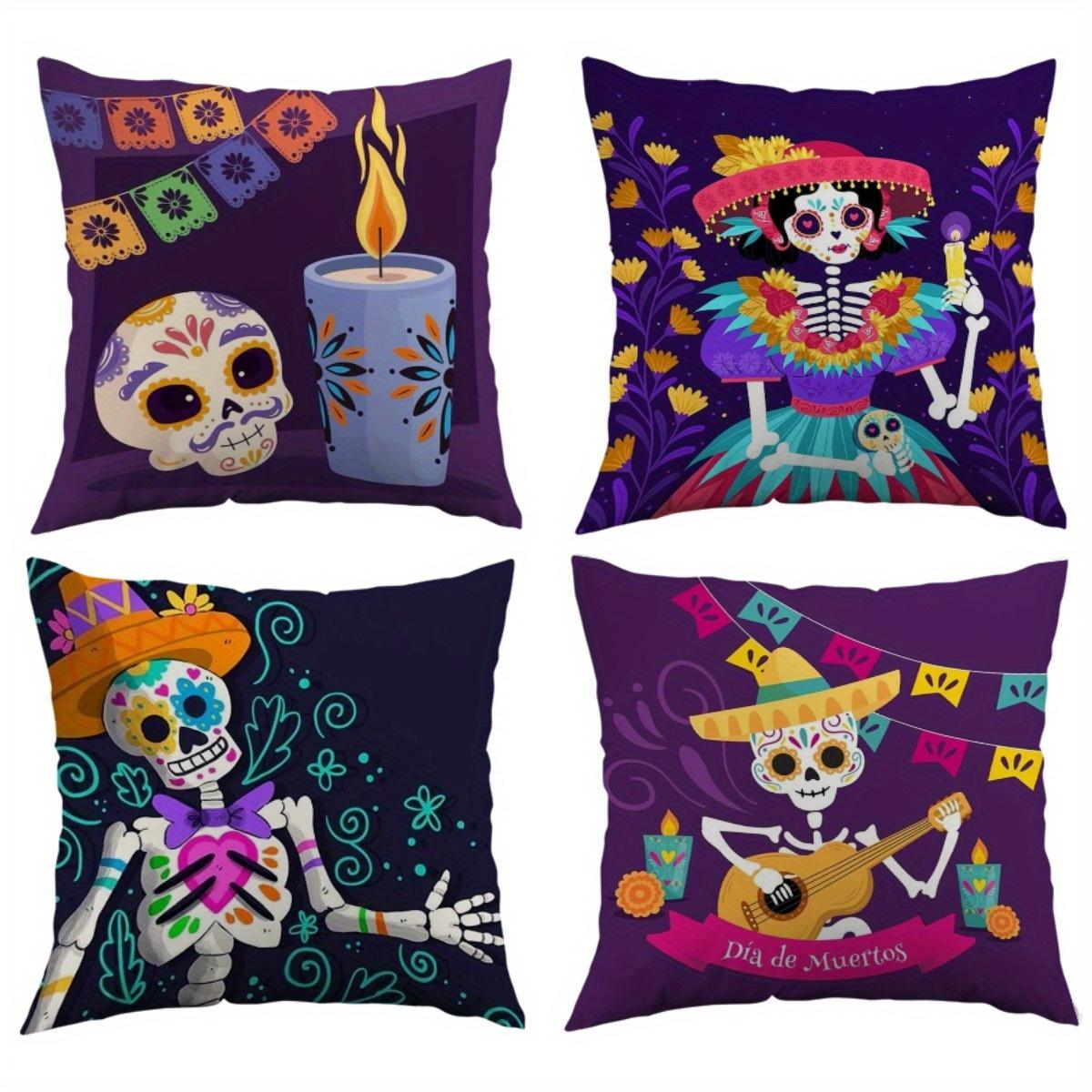 4Pcs Ultra-Soft Day Of The Dead Pillow Covers - Vibrant Sugar Skull Designs, Mexican Folk Art With Marigolds &Apel Picado Peach skin 18*18(CM)-4Pcs