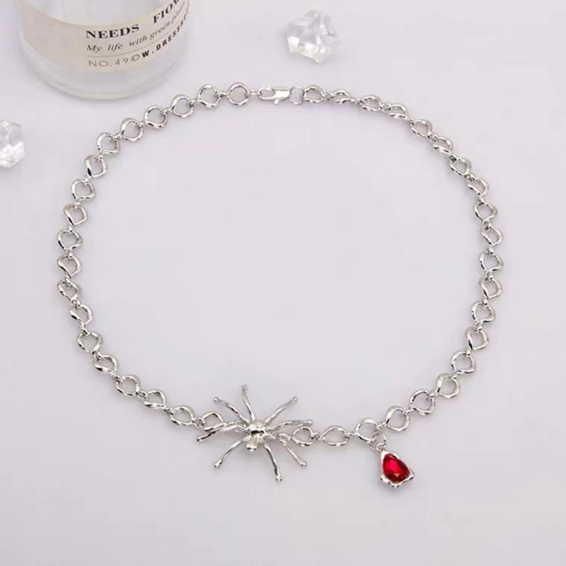 Spider Pendant Long Necklace Vintage Gothic Spider Blood Drop Clavicle Chain for Women Halloween Jewelry Gift Ornament