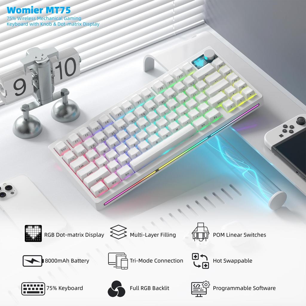 Womier Wireless Gaming Connection 8000mAh Mechanical Gasket PBT Volume Control Million Color RGB LED Compatible Keyboard, 3-Way (BT5.0/2.4G/Wired),