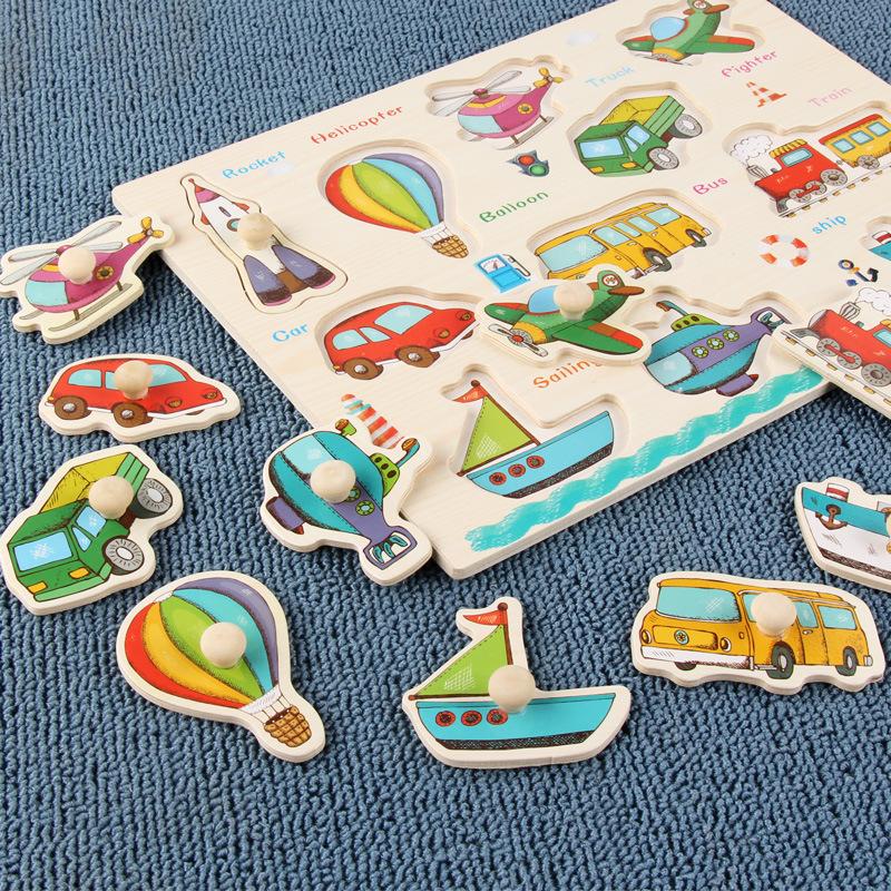 Children Wooden Puzzle Montessori Toys Cartoon Animal Traffic Hand Grab Boards Early Learning Educational Toy for Kids TMZ