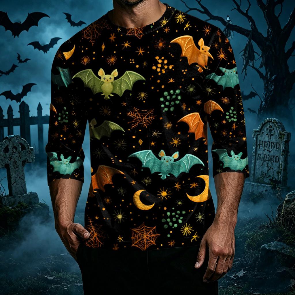 Men's Casual Halloween Print Crew Neck T Shirt Three Quarter Sleeve Top Comfortable Fit Seasonal Style