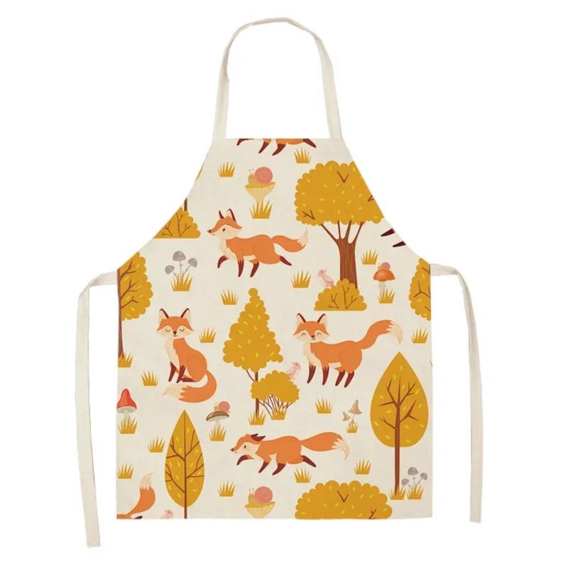 1Pcs Cute Fox Cat Pattern Apron, Waterproof Oil-proof Cotton Linen for Women Men Kids Kitchen