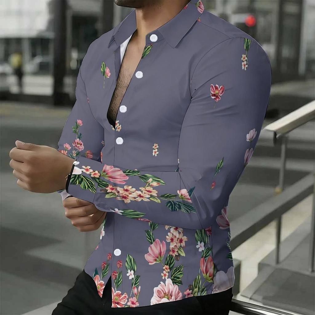 Men Collared Shirt Gray Pink Floral Branch Print Long Sleeve Button Down Top