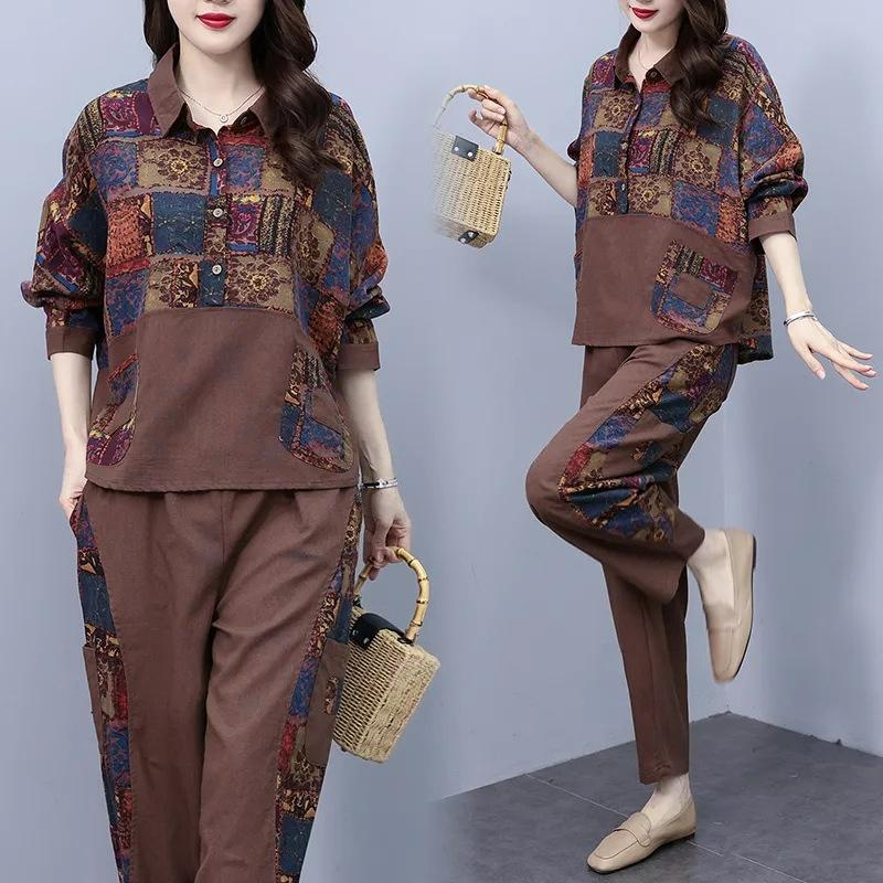 

Fat Plus Size Temperament Slimming Suit Spring and Autumn Retro Printing Age-reducing Fashionable Casual Meat-covering Two-piece Suit Women 3XL хакі