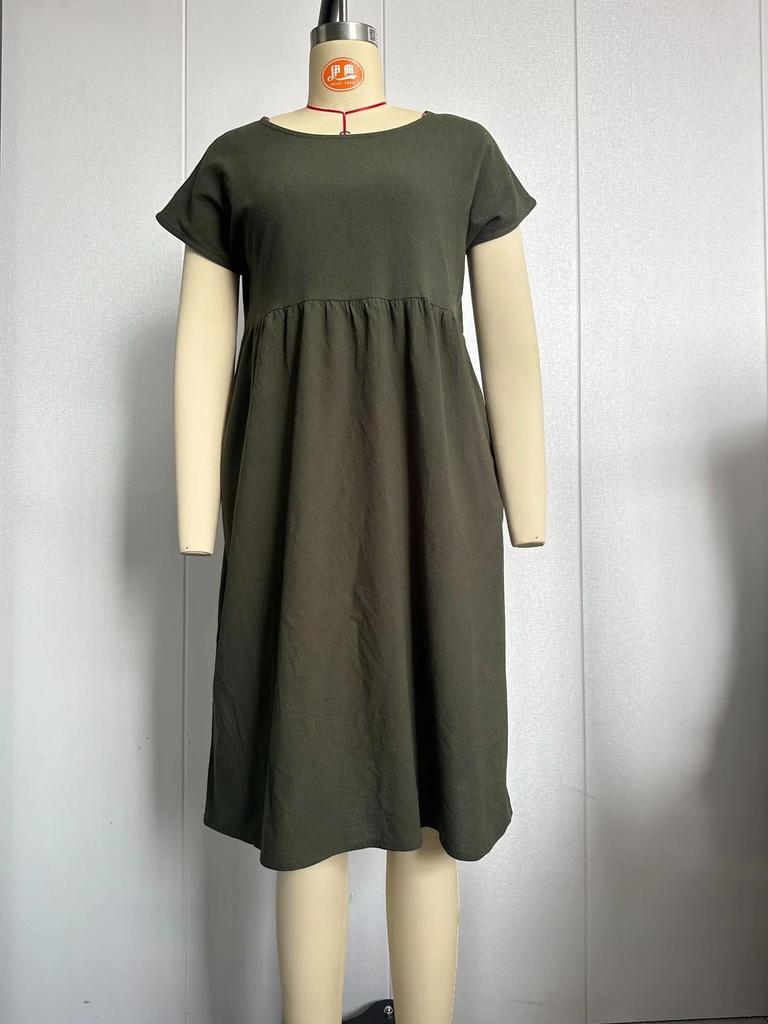 Women's Mid-Length Cotton Linen Dress - Round Neck, Short Sleeve, Solid Color, Pleated, Loose-Fit Casual Design