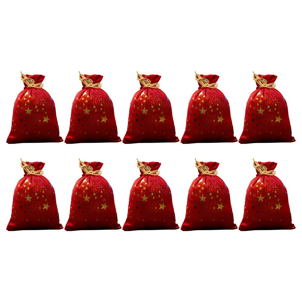 

10pcs festive Christmas fabric candy bags with glittering star pattern and drawstring closure for holiday storage червоний