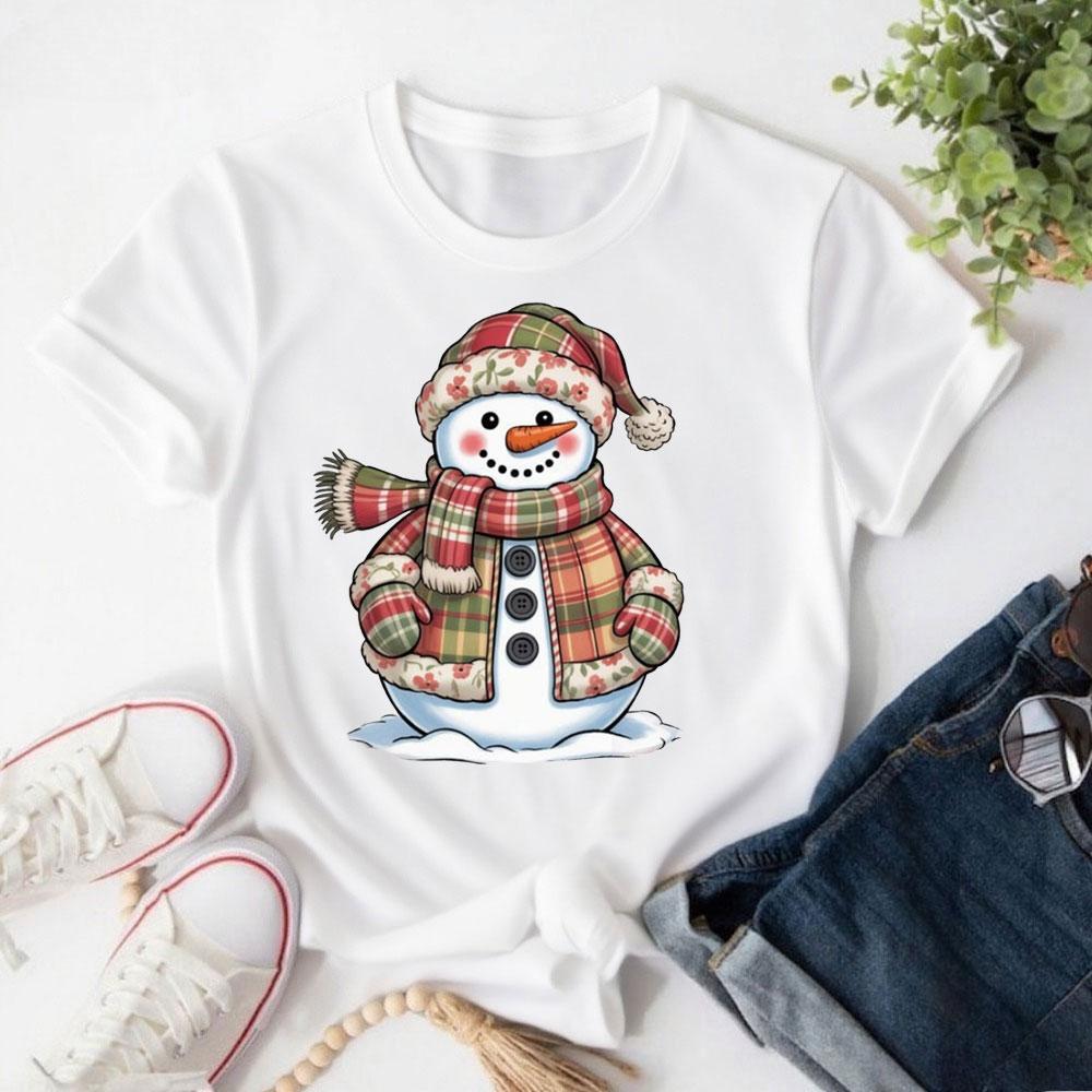Patchwork Snowman Tops Retro Funny Christmas T Shirt Xmas Holiday Tees O-neck Short-sleeve High