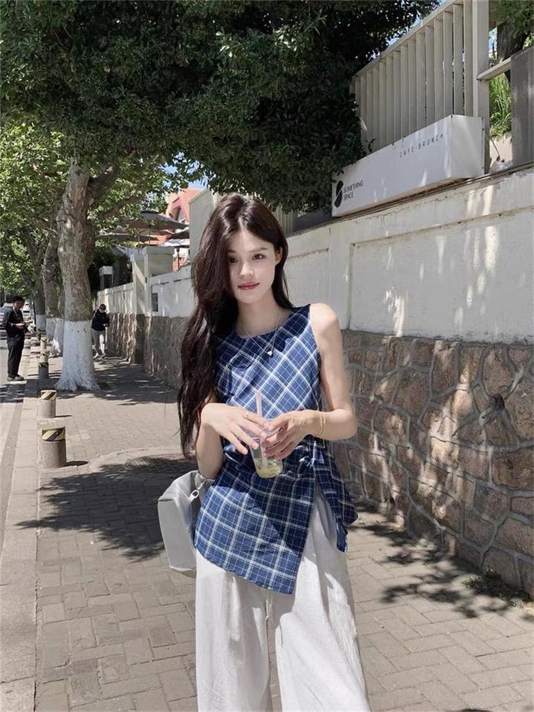 Women's Summer Retro Irregular Plaid Vest with Cinched Waist