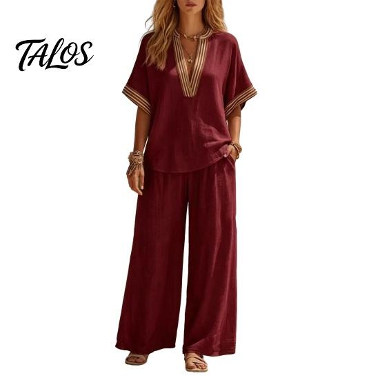 Muskelversteckende Hosen Color Block 2-teilige Sets für Damen, Kurzarm V-Ausschnitt Locker geschnittenes Hemd Damen Oberteil und Weite Hosen Passende Sets, Sommerurlaub