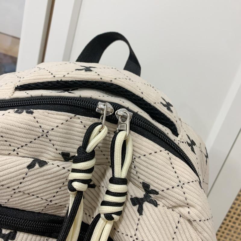 Bow Print Corduroy Backpack Casual Fashion Daily Bag Large Capacity School Bag for Students Minimalist Design Commute Travel with Tassel Accents