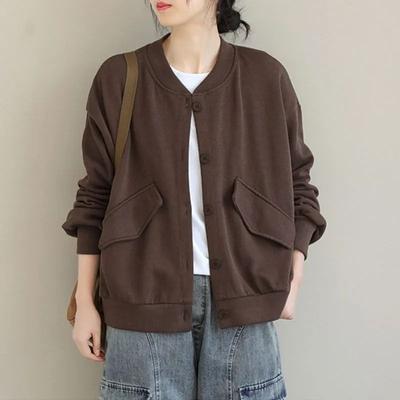 Women's Cotton Loose Literary Long-sleeved Short Jacket Solid Color Stand-up Collar Versatile Casual Pockets Cover Meat Thin Blouse