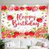 Festive Strawberry Happy Birthday Tapestry Wall Hanging Boho Picnic Theme Polyester Fabric Decor Art for Home Party Celebration