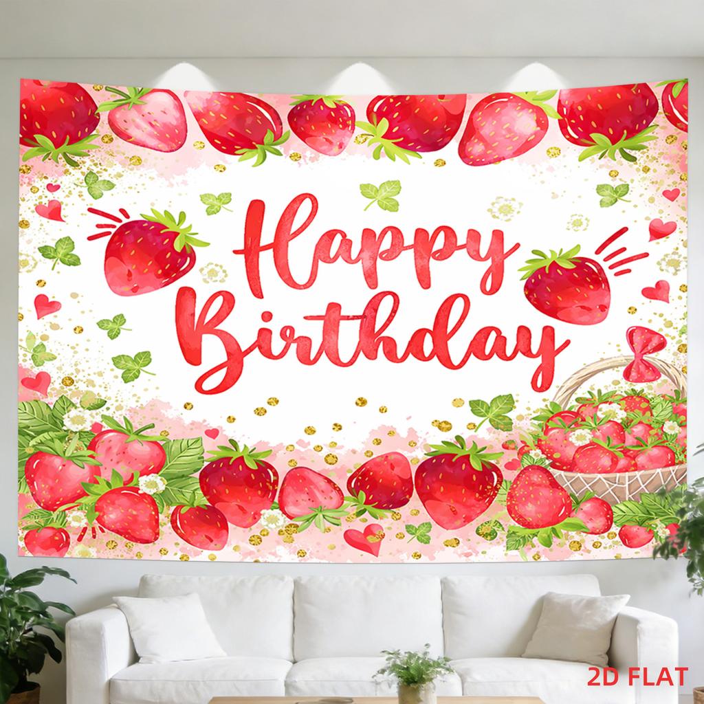 Festive Strawberry Happy Birthday Tapestry Wall Hanging Boho Picnic Theme Polyester Fabric Decor Art for Home Party Celebration
