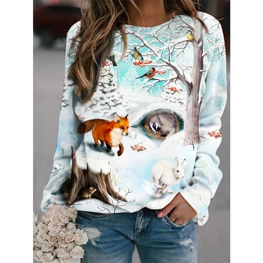 Women's 2024 Sleeves Stitching Fox Print Round Neck Long Sleeve Party Autumn Casual Pullover 3d Printing Casual Fashion Tops