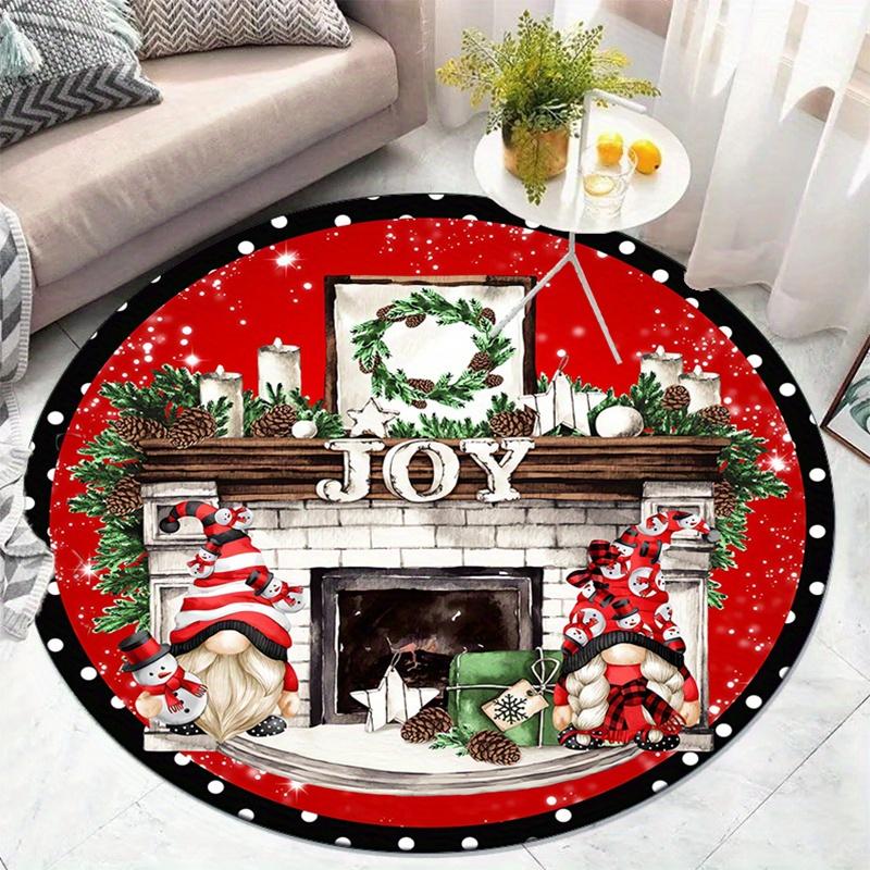Christmas Joy Fireplace Gnomes Red Round Rug Soft Crystal Velvet Floor Mat Holiday Decoration Xmas Theme Living Room Carpet
