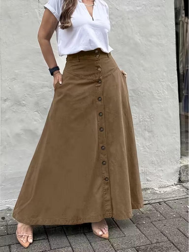 Women's Elegant High-Waisted A-line Skirt with Buttoned Front Slit and Pockets