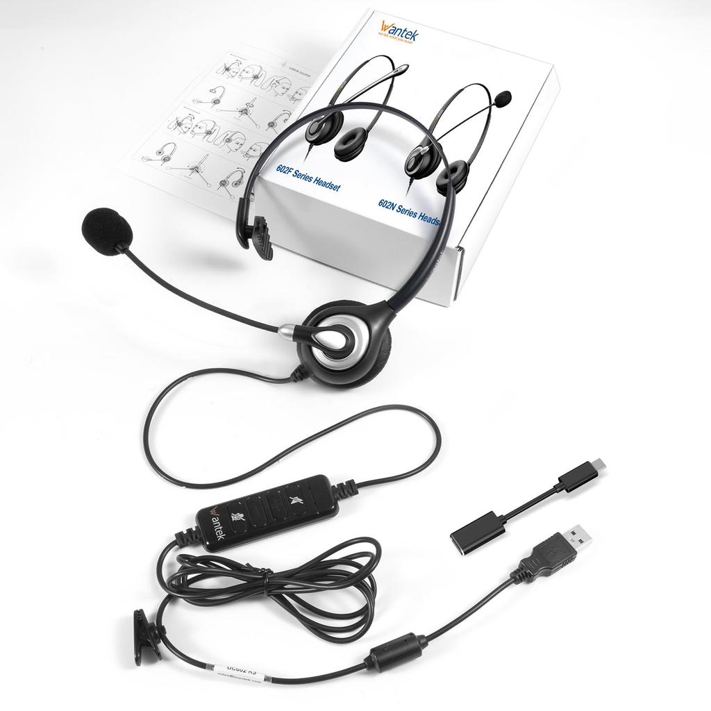 Wantek Headset USB Single Ear with Noise Cancelling Microphone Volume Control Controller Wired PC Headphones for Web Working from Business Remote