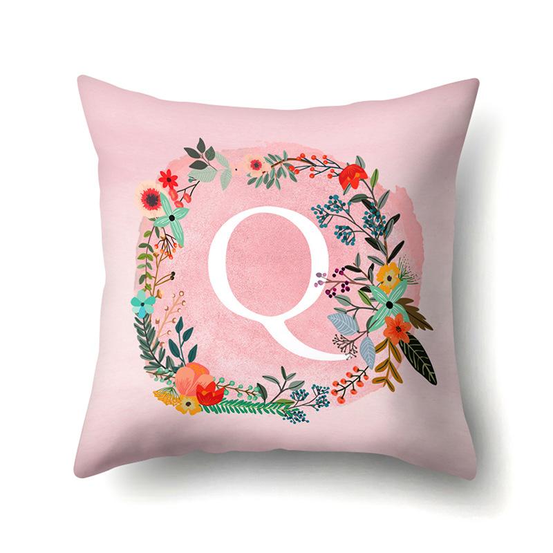 Polyester Pillowcase Pink Flower Home Decoration Print 26 English Letter Cushion Pillowcase