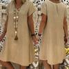 Women Casual Solid Color V Neck Short Sleeve Beach Knee-length Loose Dress