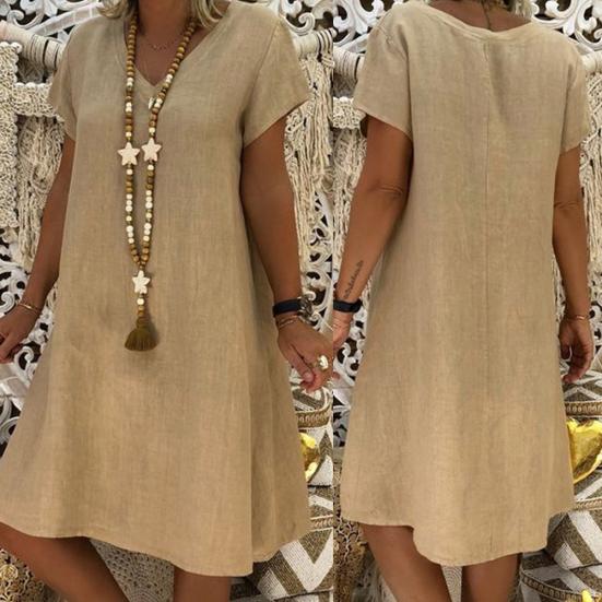 Women Casual Solid Color V Neck Short Sleeve Beach Knee-length Loose Dress