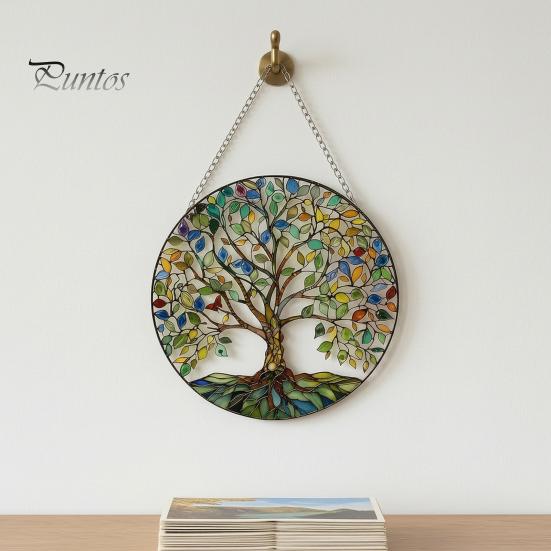 Indoor Outdoor Suncatcher Tree of Life Round Hanging Sign, Stained Glass Acrylic Sign Decoration, Window Wall Ornament for Sun Resistant