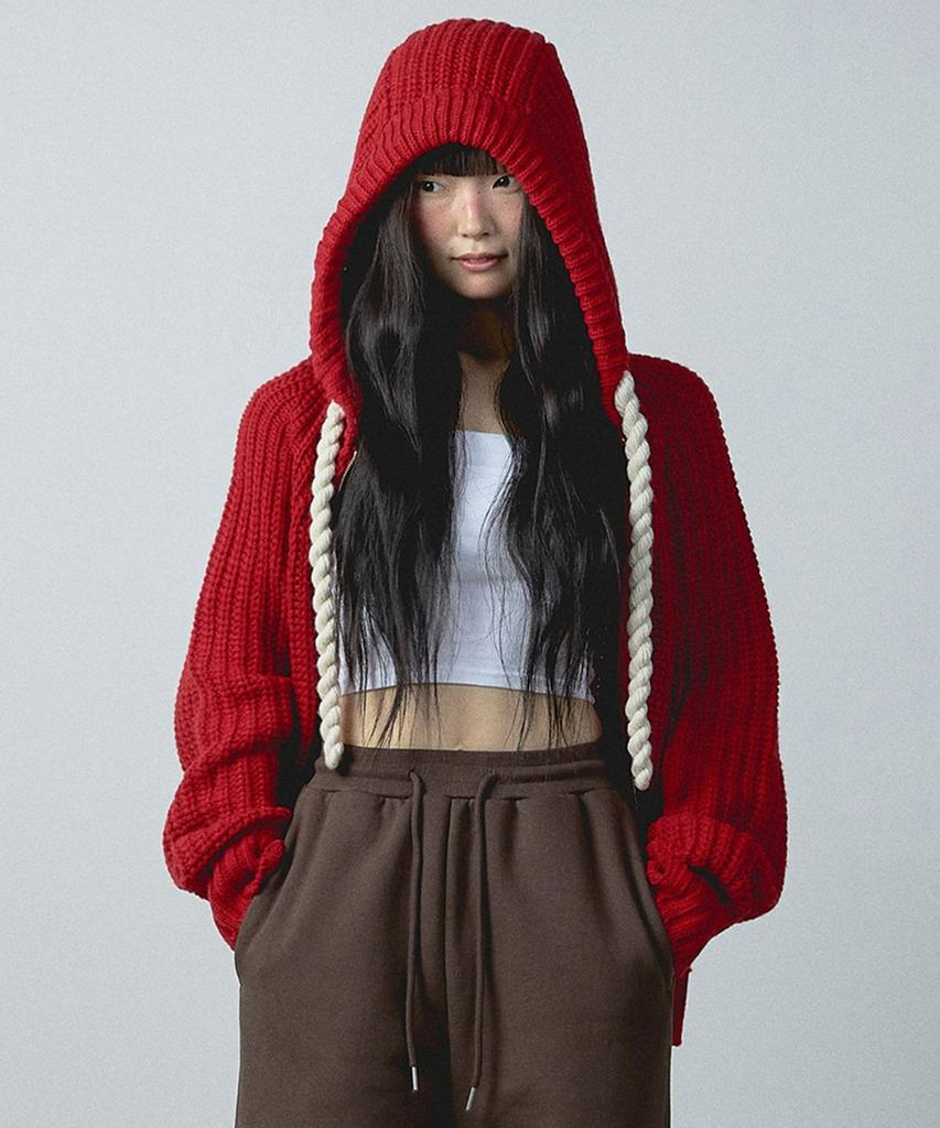 Youhee Rope Hood Zip-Up Knit Red