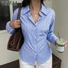 Women's Fashion Casual Spring Autumn Stripe Print Long Sleeve POLO Neck Blouses & Shirts