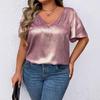 T-shirt Manches Courtes Uni Col en V Coupe Ample pour Femme Printemps/Été 2026